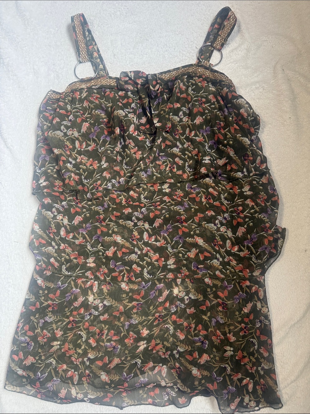Floral Tie-Front Spaghetti Strap Tank Top - Olive